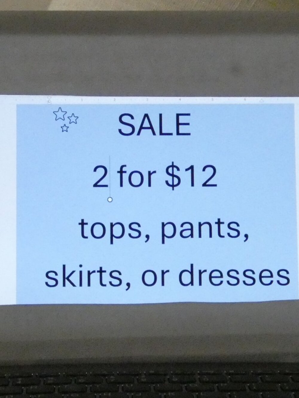 Closet Sale - Buy 2 tops, pants, skirts, or dresses for $12.00.